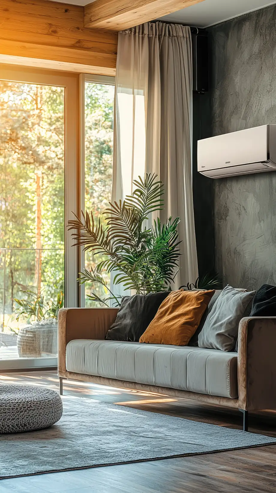 Living room with a wall-mounted air conditioner above the window
